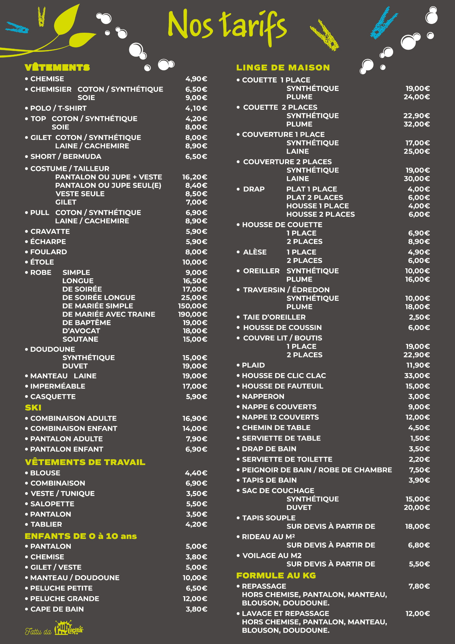 pressing écologique travu grille tarifaire